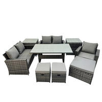 BALKONMÖBEL-SETS mit 2-Sitzer Sofa,3 Hockern,Esstisch,2 Beistelltischen Polyrattan Dunkelgrau 8-Sitzer - Dunkelgrau/Grau, Glas/Kunststoff - Fimous