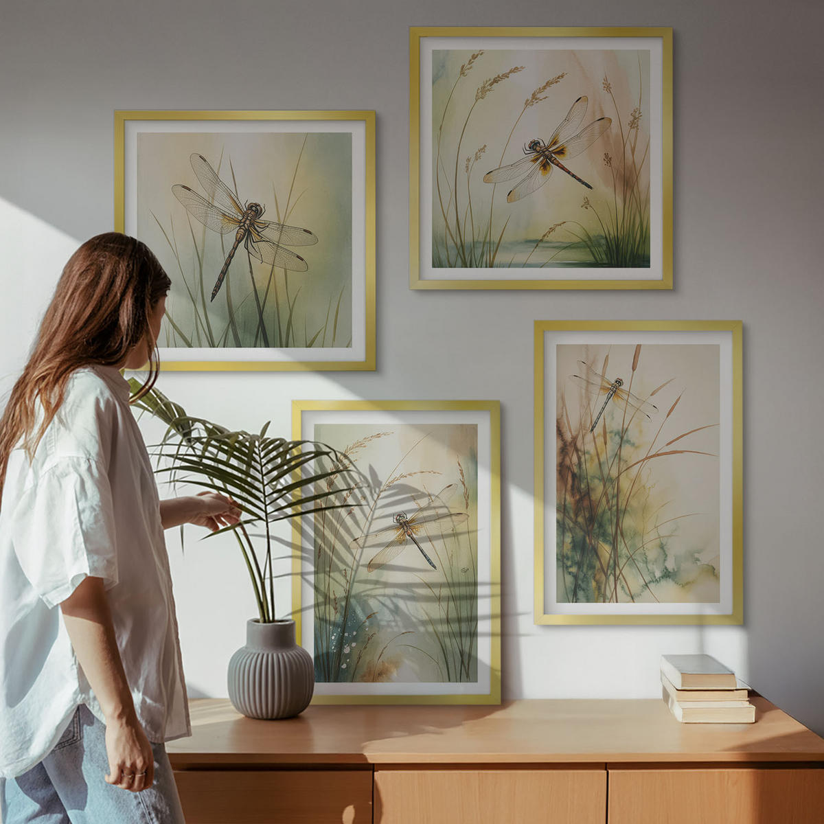 WANDBILDER 4er Set - 50x50 cm & 40x60 cm Goldrahmen - Libellengräser über dem Wasser - Goldfarben, Kunststoff (50/50cm) - ArtPrintCave