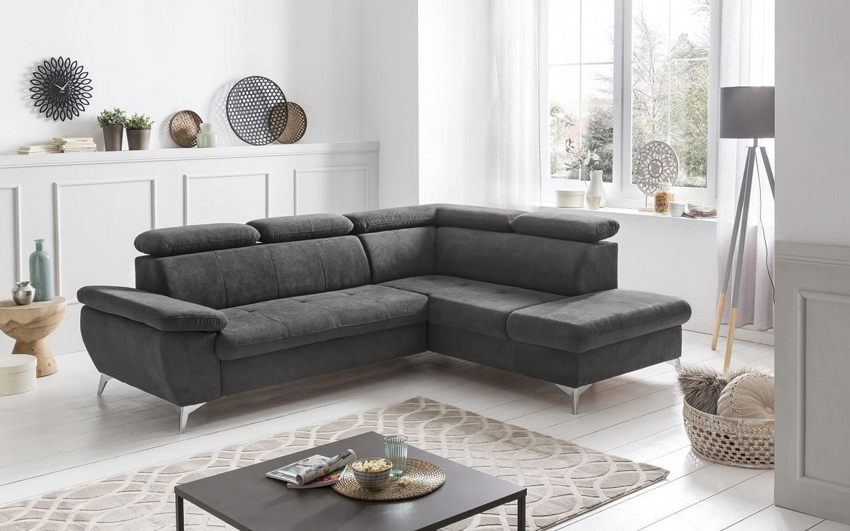 ECKSOFA mit Schlaffunktion und praktischem Bettkasten - Chromfarben/Anthrazit, Textil/Metall (209/256cm) - Cotta