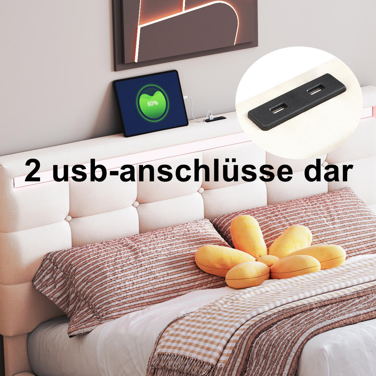 POLSTERBETT 140x200 LED 4 Schubladen 2 USB Leinen Beige - Beige, Holzwerkstoff - FLIEKS