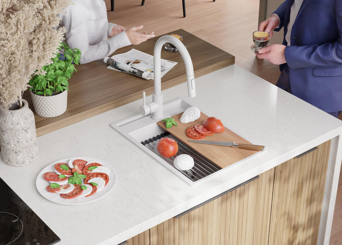 GRANITSPÜLE Oslo Pocket, 2-er set Weiß 38/53 cm 1 Becken + Küchenarmatur 40/20 cm + Ablauf-Set + Küchenzubehörset ab 40er Unterschrank - Chromfarben/Beige, Kunststoff (38/20/53cm) - Primagran