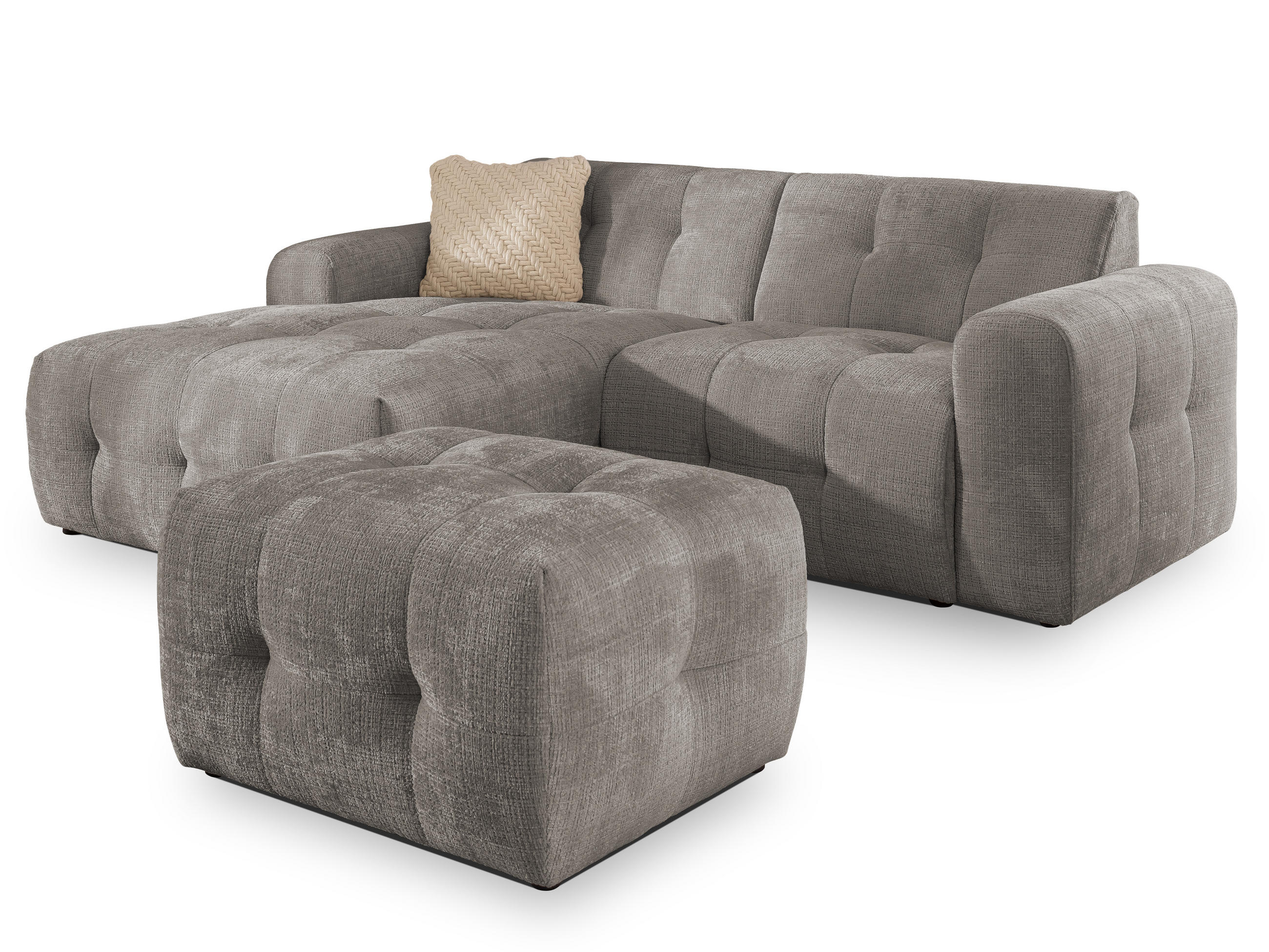 ECKSOFA inkl. Hocker Kozy im Bumpy-Design mit Schlaffunktion und fester Rückenlehne aus weichem Taupe Chenille-Stoff - Ottomane links - Taupe/Schwarz, Holz/Kunststoff (161/234cm) - S-Style Möbel