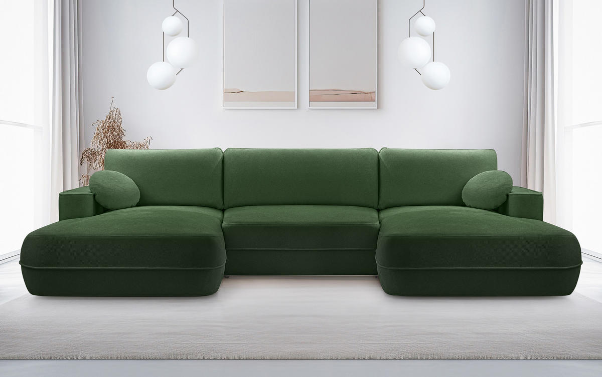 WOHNLANDSCHAFT Peoni Grün 364/168/87 cm mit Schlaffunktion - Dunkelgrün/Schwarz, Kunststoff/Textil (364/87/168cm) - AX Living