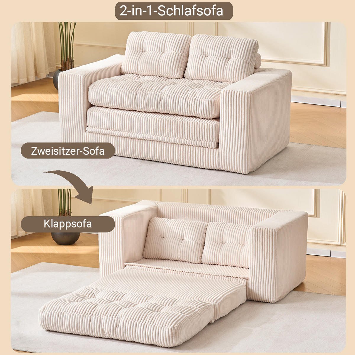 SCHLAFSOFA DE-35274 2-in-1 Beige - Beige, Textil (85/54/140cm) - ComfortXL