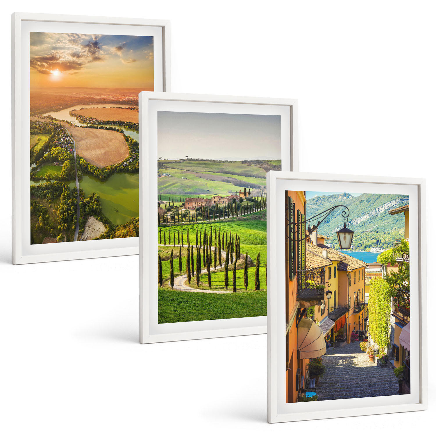 BILDER SET 3er Set - 40x60 cm Weißer Rahmen - Italienische Landschaften, Flussstraße - Weiß, Kunststoff (40/60cm) - TULUP