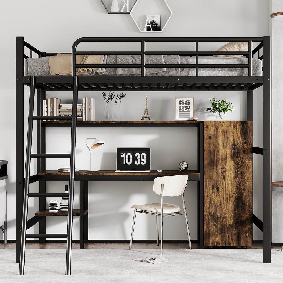 HOCHBETT Mit Bücherregalen, Schreibtisch und Kleiderschrank Schwarz - Schwarz, Holzwerkstoff/Metall - Urban Meuble