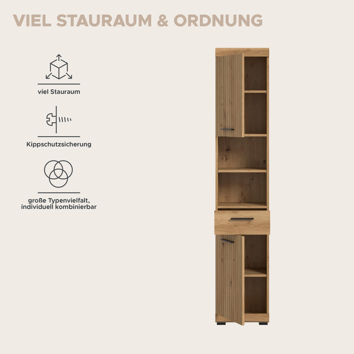 HOCHSCHRANK Vento (B/H/T: ca. 37/191/31 cm) in Artisan Eiche Nachbildung/Artisan Eiche Nachbildung - Eiche Artisan, Holz (37/191/31cm)