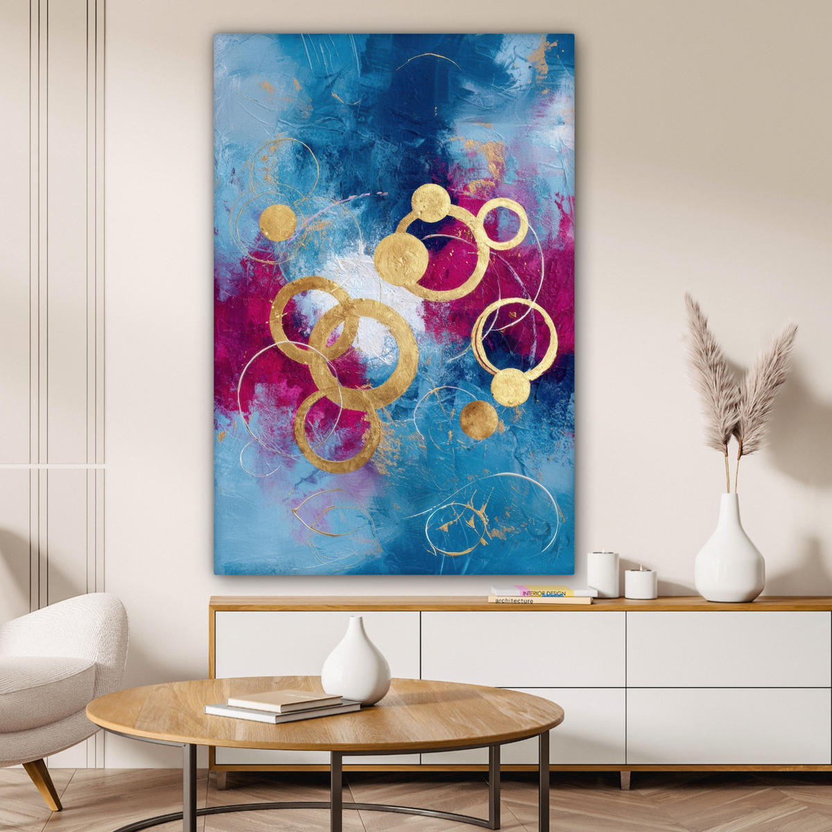 LEINWANDBILD Kreise - Gold - Abstrakt Deko Groß 90x140 cm - Blau, Textil (90/140cm) - MuchoWow