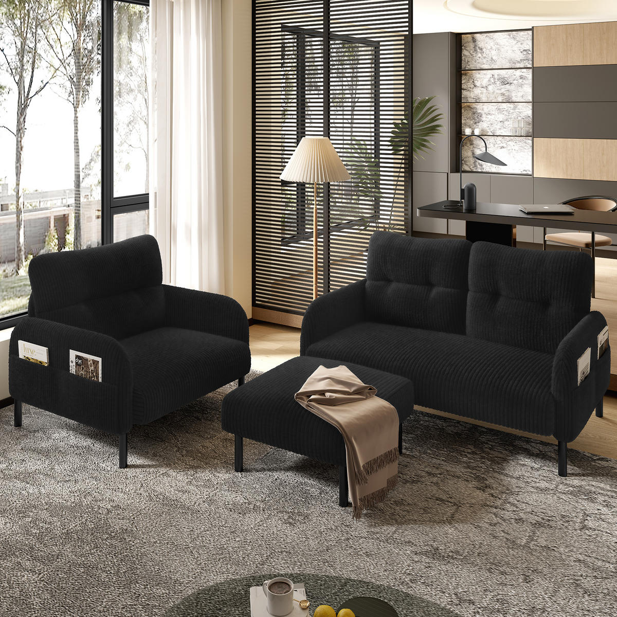 2-SITZER-SOFA Stoffcouch mit Seitentaschen,Cord,Schwarz - Grau, Textil (120/79/75cm) - LVHOM