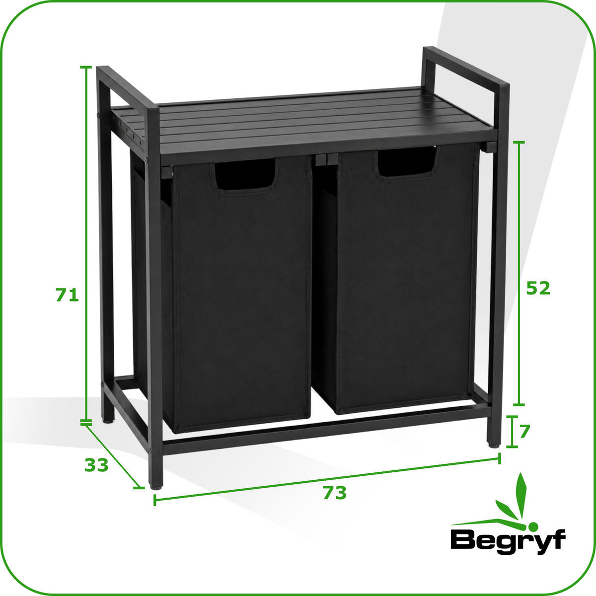 WÄSCHEKORB Metal MDF Stoff Schwarz 2 herausnehmbare Schwarz 92 Liter 73x33x71 cm - Schwarz, Metall (73/71/33cm) - Begryf