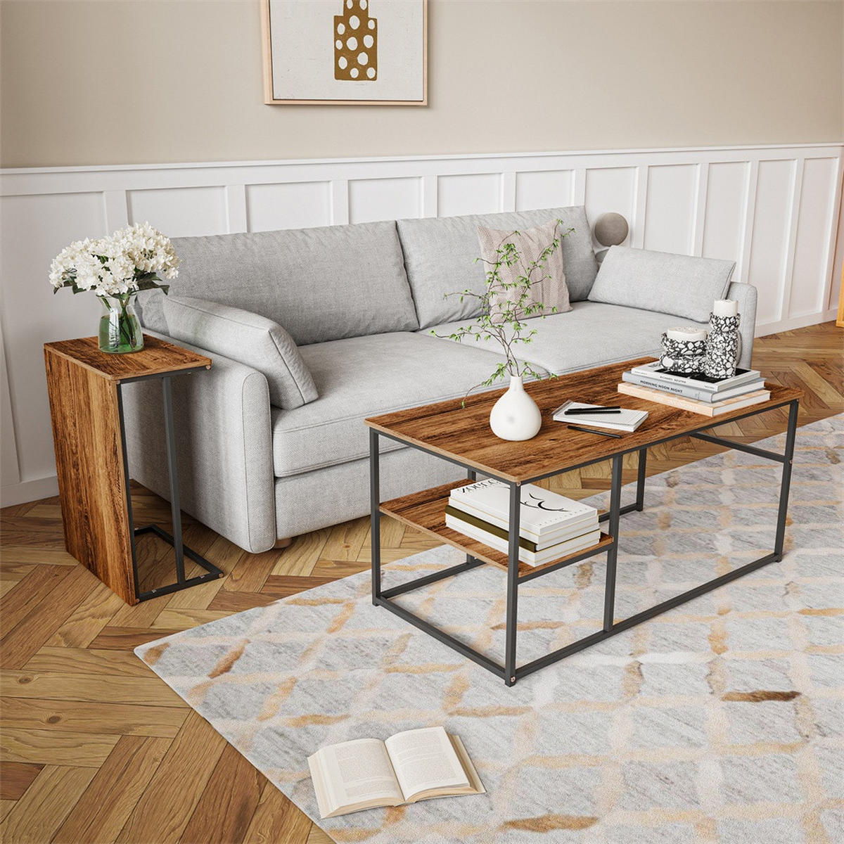 COUCHTISCH Rechteckig - Couchtisch mit Tischplatte in Holzmaserung und schwarzem Metallgestell - Braun und Schwarz - Braun, Holzwerkstoff (52/105/48.5cm) - DELFA