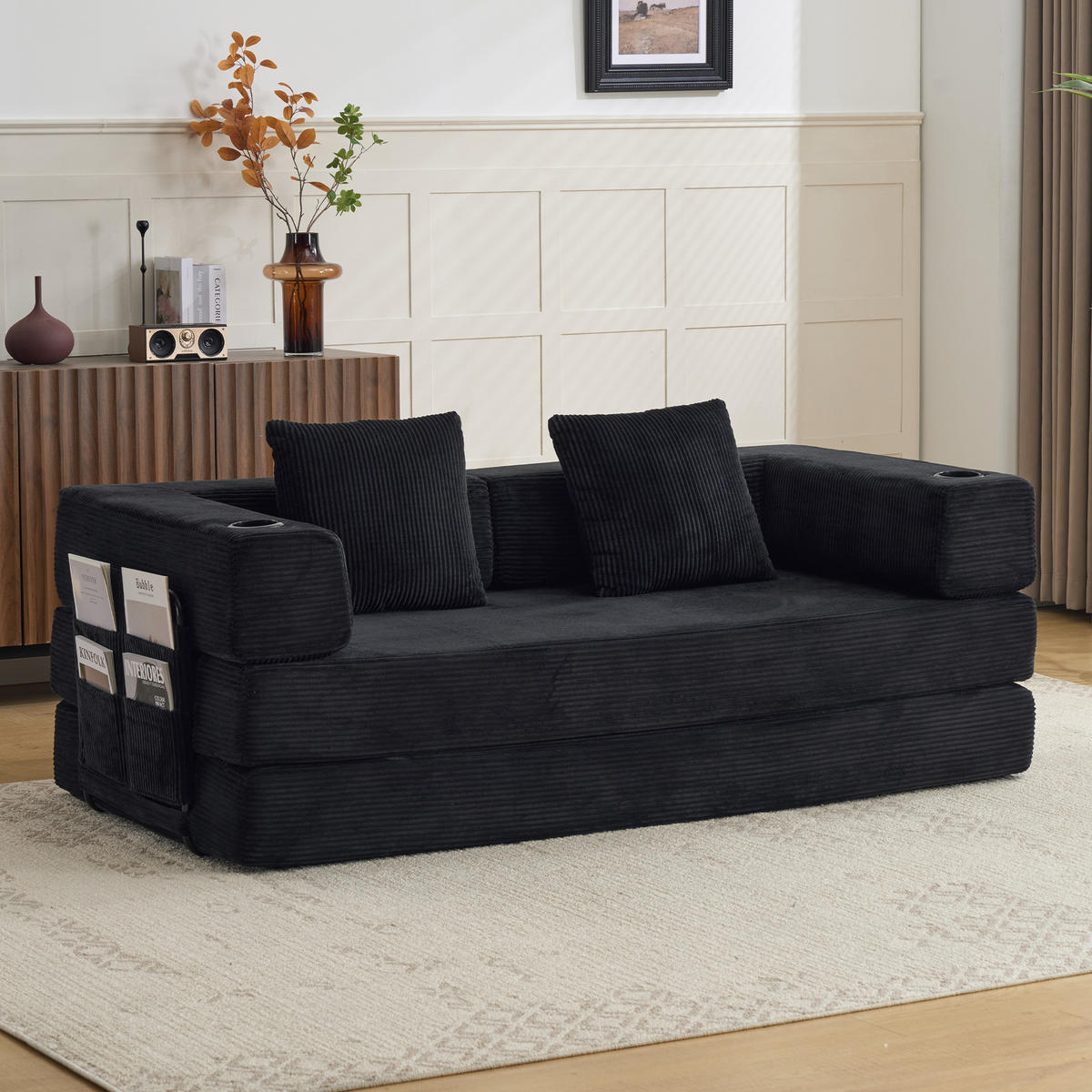 SCHLAFSOFA DE-33515 faltbar mit Becherhalter Schwarz - Schwarz, Textil (185/60/92.5cm) - ComfortXL