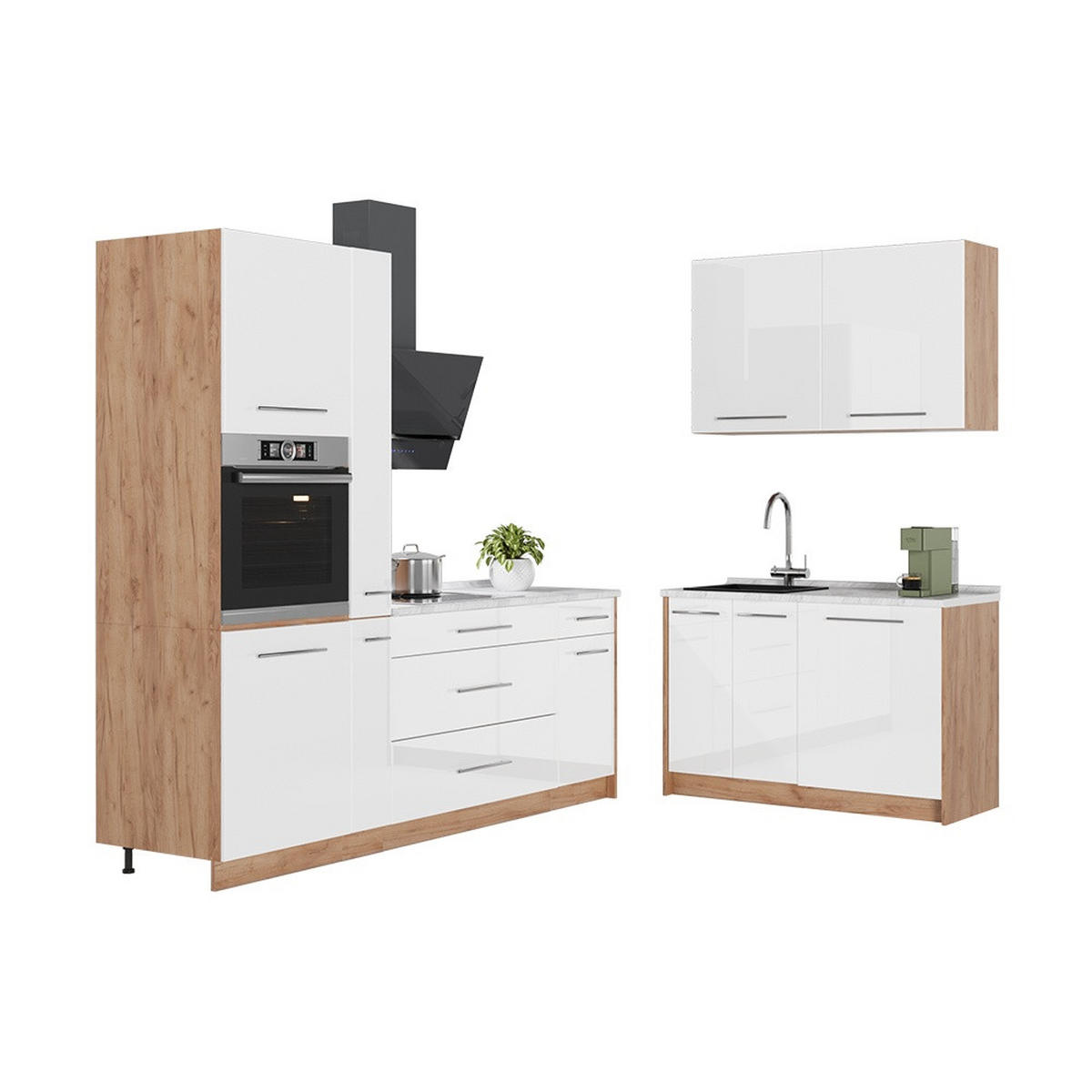 KUHINJA Fame-Line, Sjajna Bijela /Hrast zlatnog tona, 220 x 120 cm, RP Hrast - hrast medunac/bijela visoki sjaj, drvni materijal (220/206.8/60cm) - Vicco