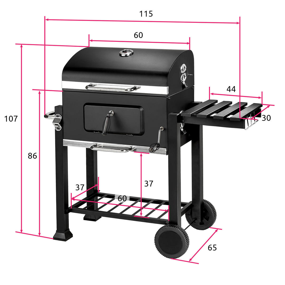 HOLZKOHLEGRILL Florian,115 x 65 x 107 cm,schwarz - Schwarz, Metall (65/107/115cm) - tectake