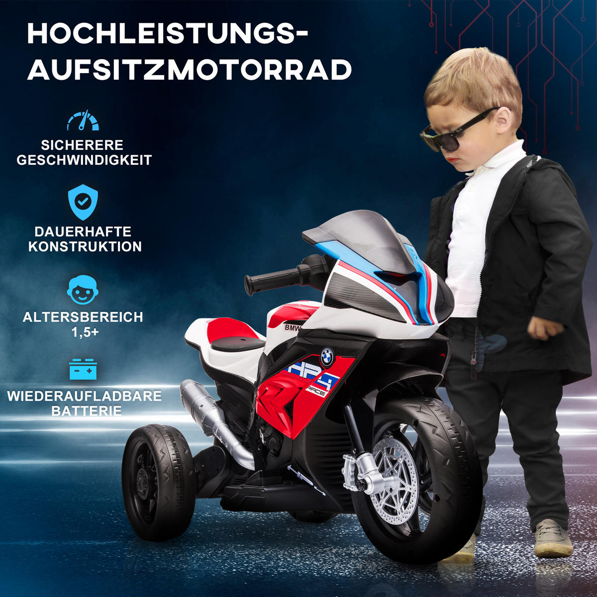 ELEKTRO KINDERMOTORRAD, Blau/Rot, PP+ Metall - Rot, Kunststoff (82.5/42/54cm) - HOMCOM