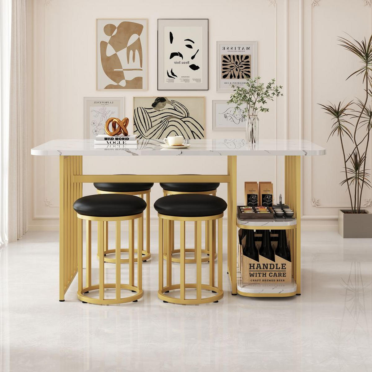 ESSTISCH-SET mit 1 Esstisch und 4 Stühlen,Weiß und Gold - Goldfarben, Holz (80/75/140cm) - KOMHTOM