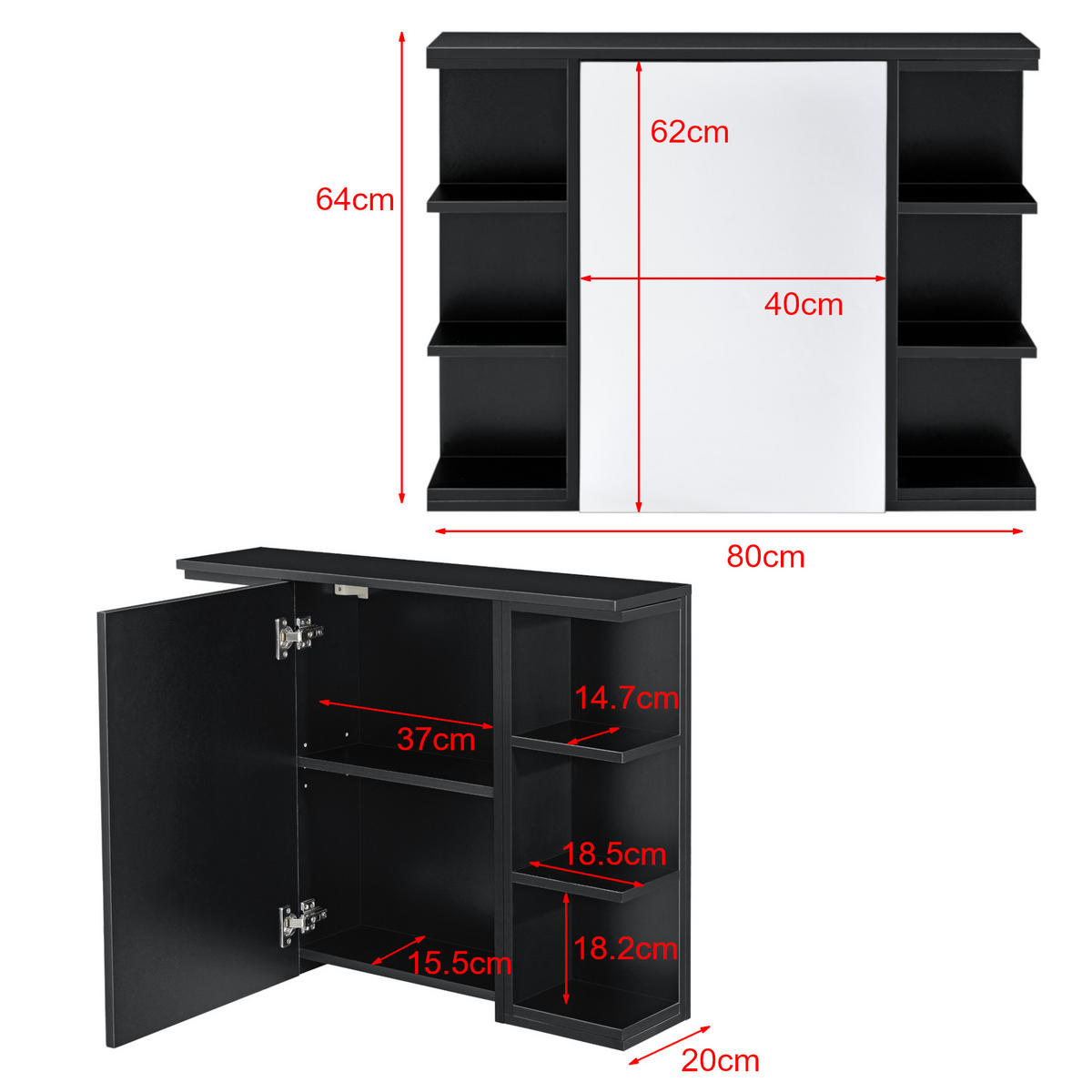 SPIEGELSCHRANK Harstad - Schwarz, Holzwerkstoff (80/64/20cm) - [en.casa]