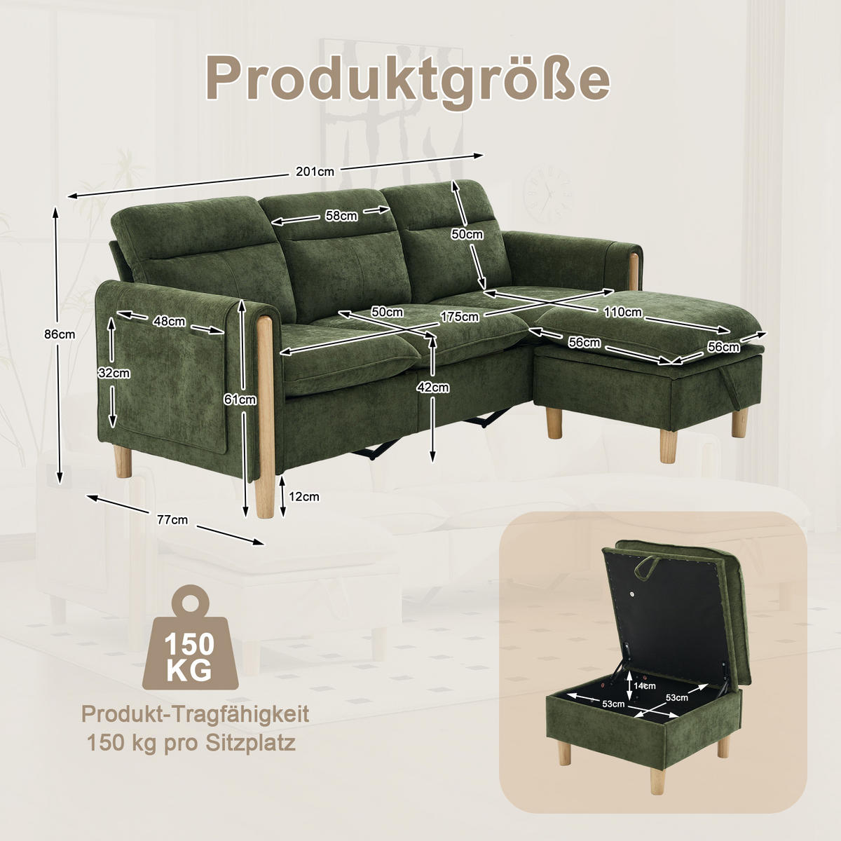 ECKSOFA DE-33940 mit Stauraumhocker und Seitentaschen Grün - Grün, Holz (77/201cm) - ComfortXL
