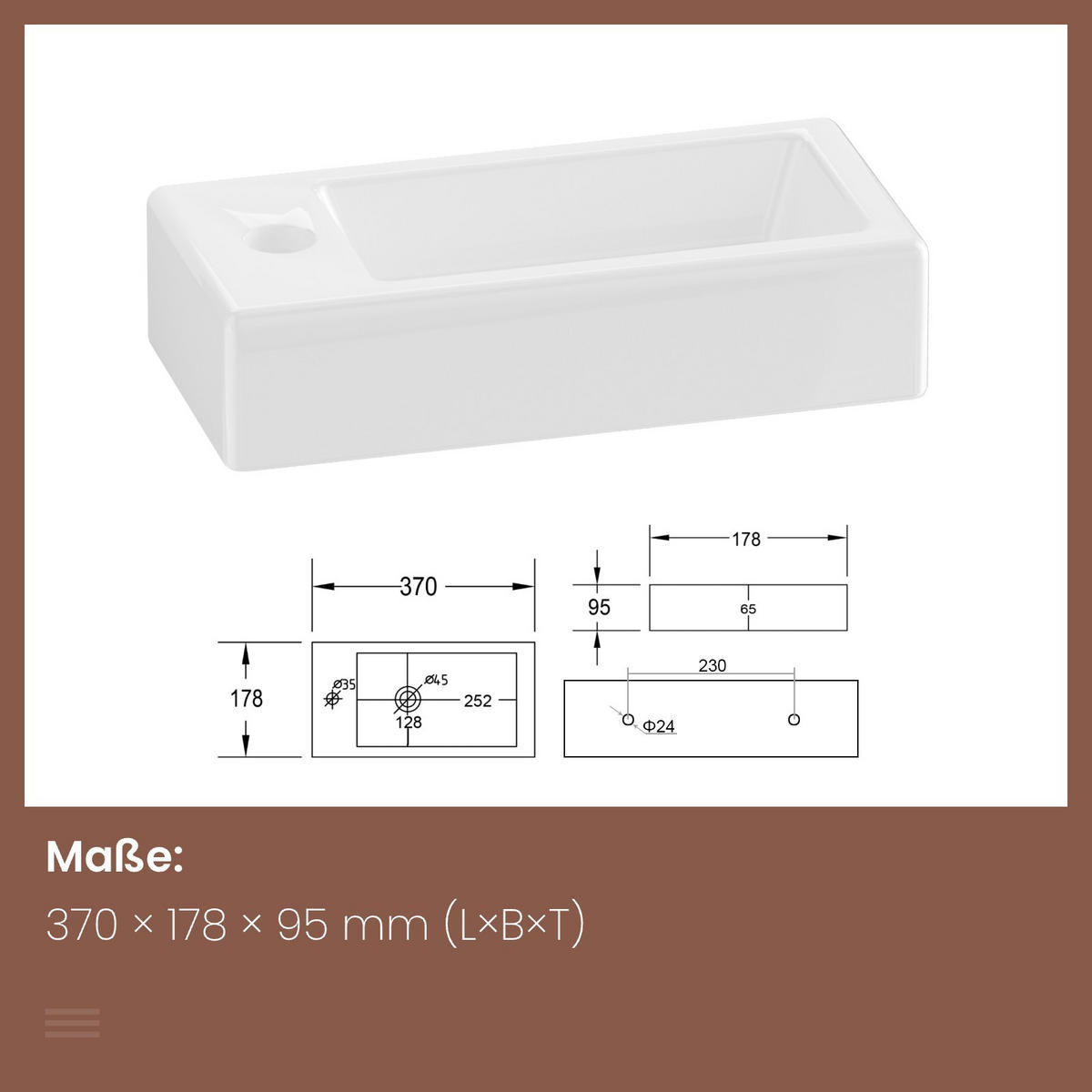 WASCHBECKEN Rechteckig Mit Hahnloch rechts Weiß 36,5 / 18 / 9 cm - Weiß, Keramik (18/9/36.5cm) - EMKE