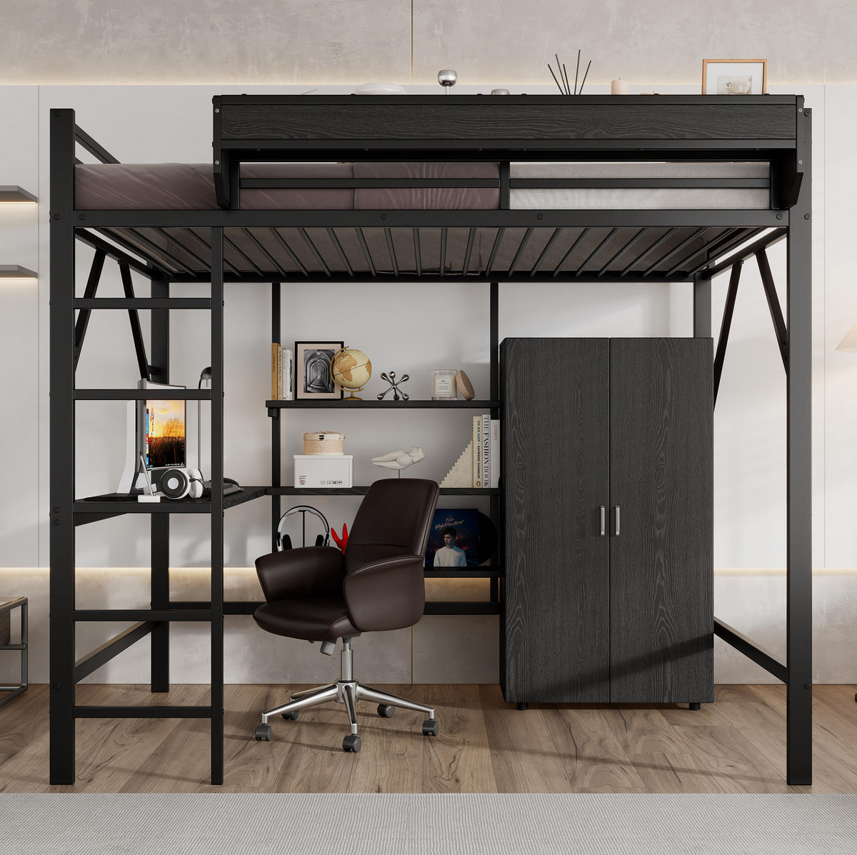 HOCHBETT 140/200 cm mit Schreibtisch, Kleiderschrank, Ablage und viel Stauraum, Schwarz - Schwarz, Holzwerkstoff (140/200cm) - Redom