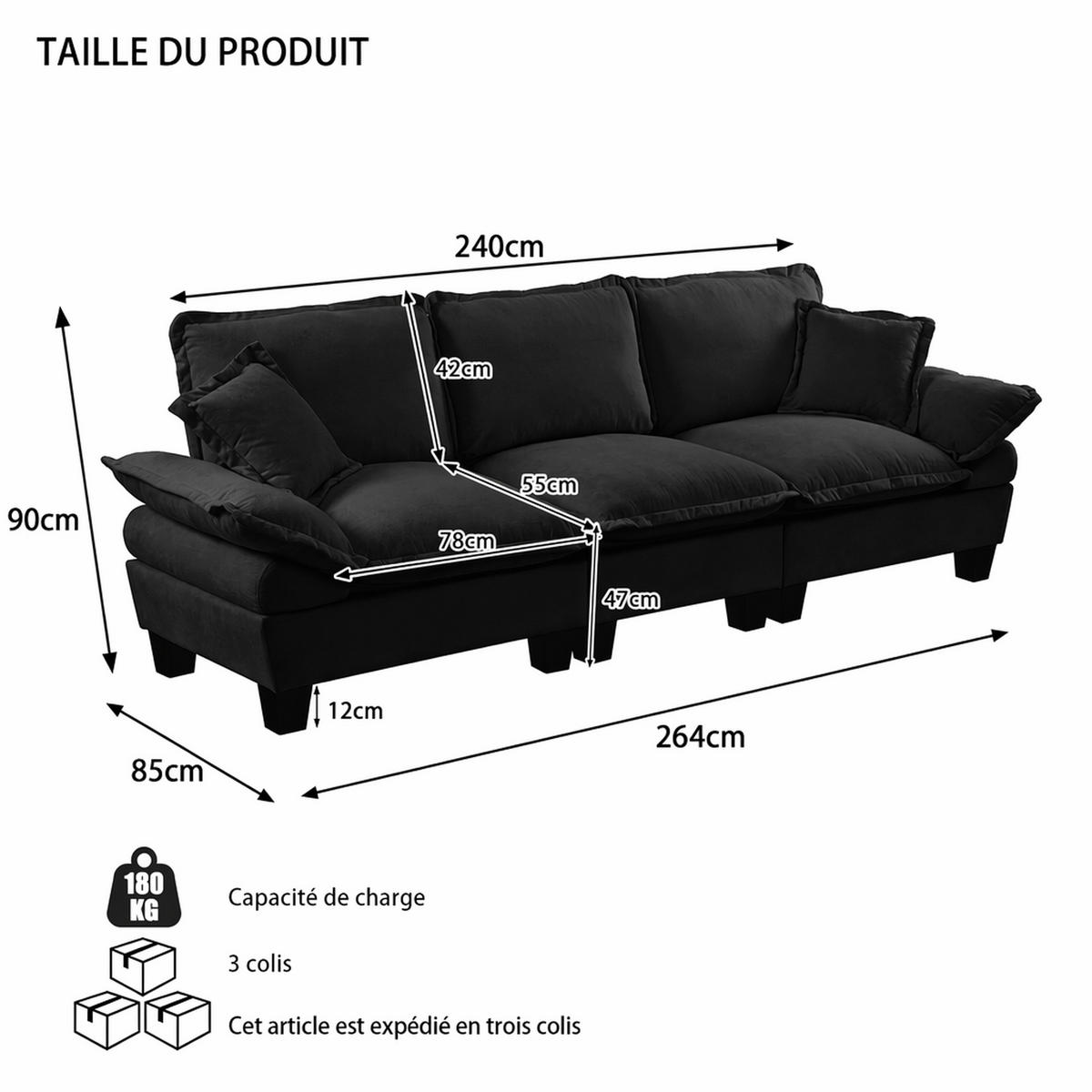 3-SITZER Sofa aus Chenille Schwarz 264x85x90 cm, 3-Sitzer mit abnehmbaren Armlehnen - Schwarz, Textil (264/90/85cm) - IVMEU