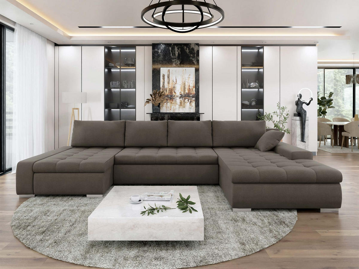 WOHNLANDSCHAFT Caro - Silberfarben/Braun, Holz/Textil (394/80/213cm) - MIRJAN24