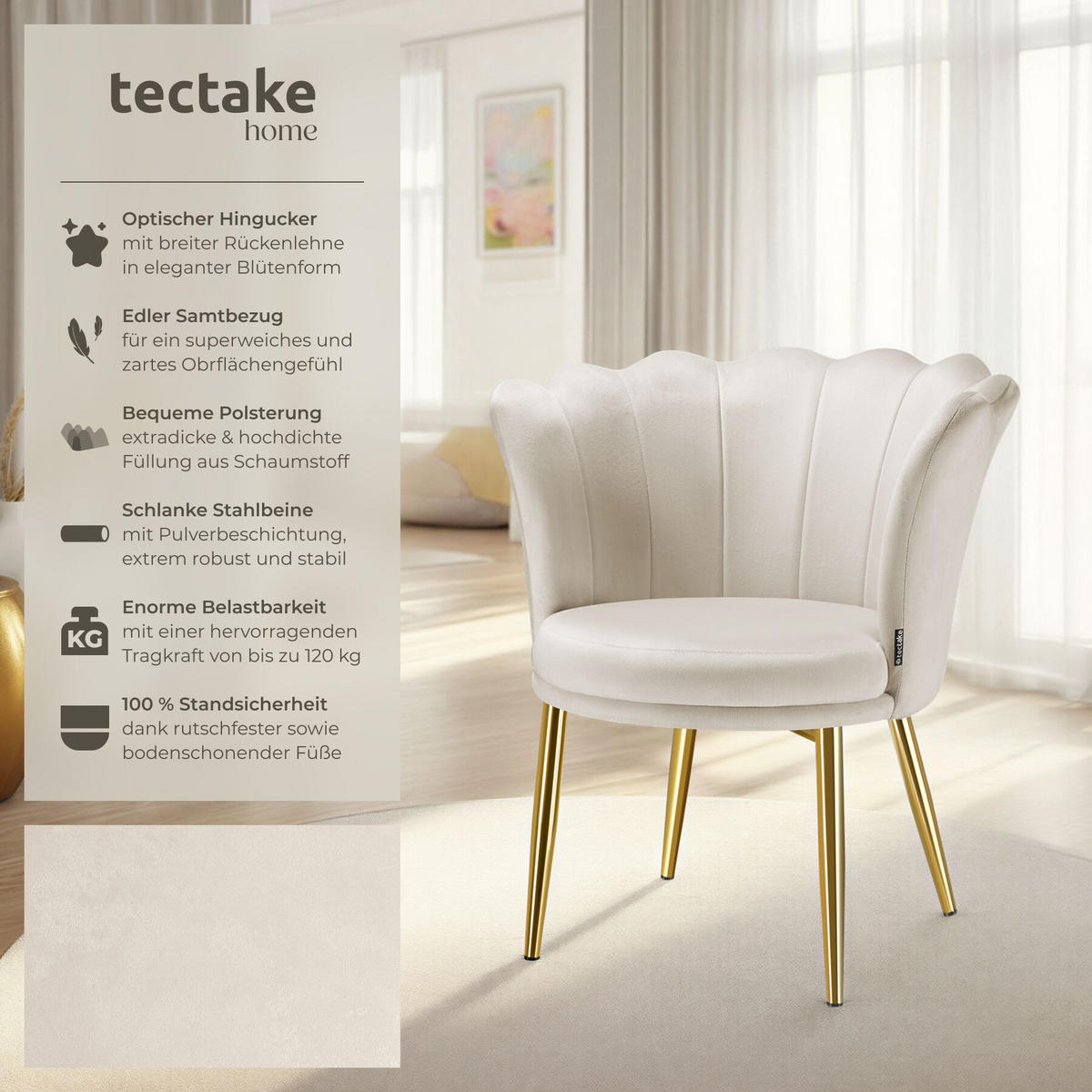 SESSEL Stella,67 x 64 x 76 cm,Samtoptik creme/gold - Goldfarben/Samtahornfarben, Textil (67/76/64cm) - tectake