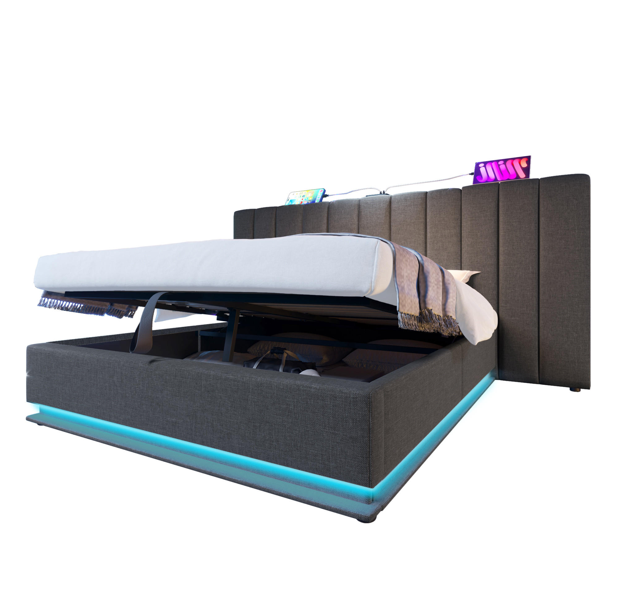 POLSTERBETT mit LED-Beleuchtung 180/200 cm mit Bettkasten und USB-C, Grau - Grau, Textil (180/200cm) - BEAOK