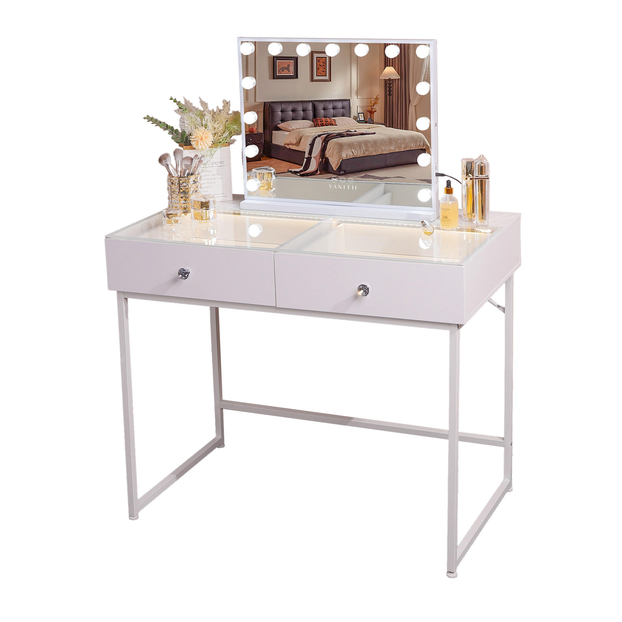 SCHMINKTISCH mit 2 Schubladen 100/55/81 CM und LED Beleuchtung Schminkspiegel Lichtleiste weiß 58/46 cm - Weiß, Holz/Metall (55/81/100cm) - VANITII