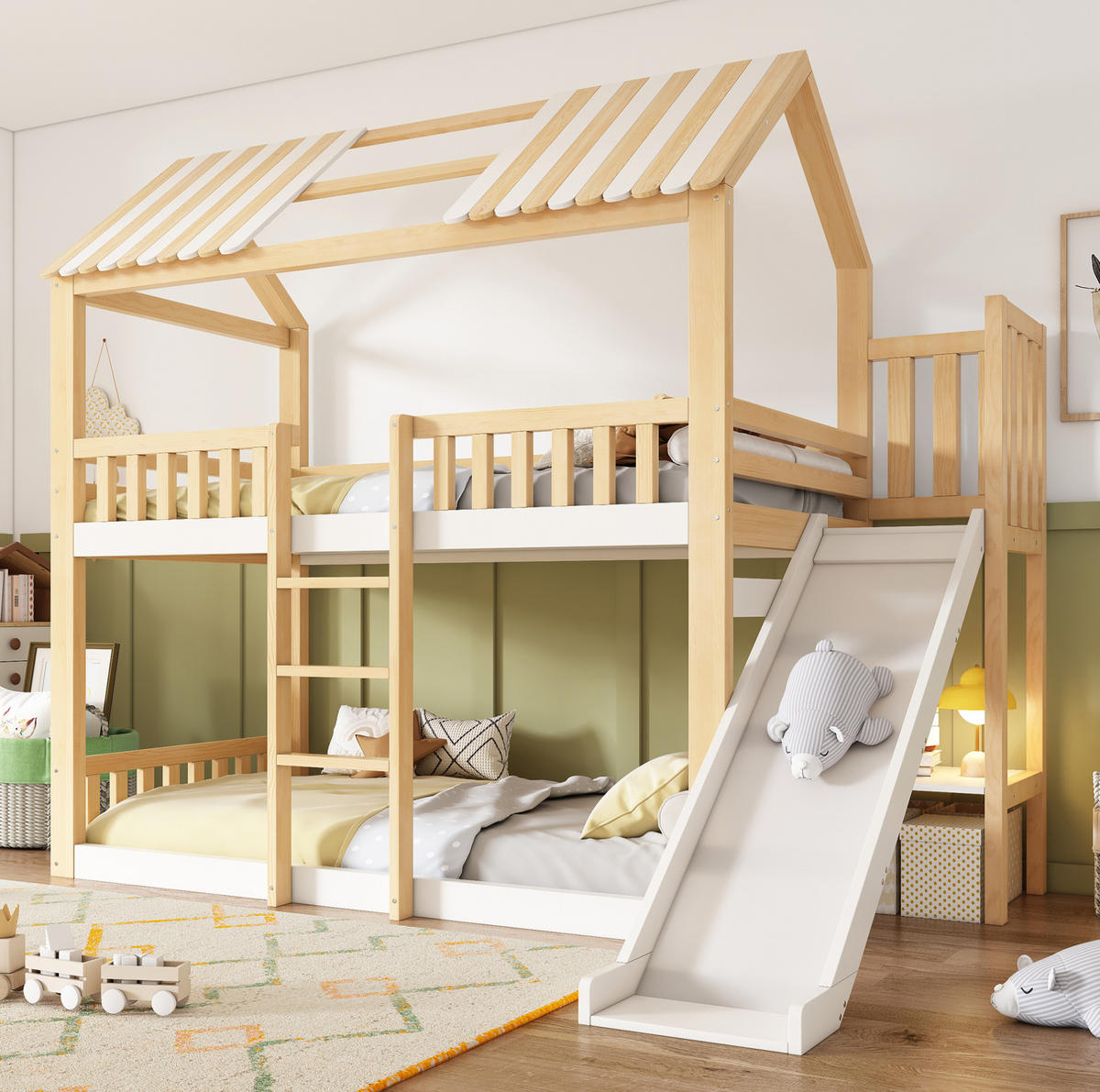 ETAGENBETT mit Giebeldach 90/200 cm Weiß Natur mit Regal, ohne Matratze - Weiß, Holz (90/200cm) - MIVRAY