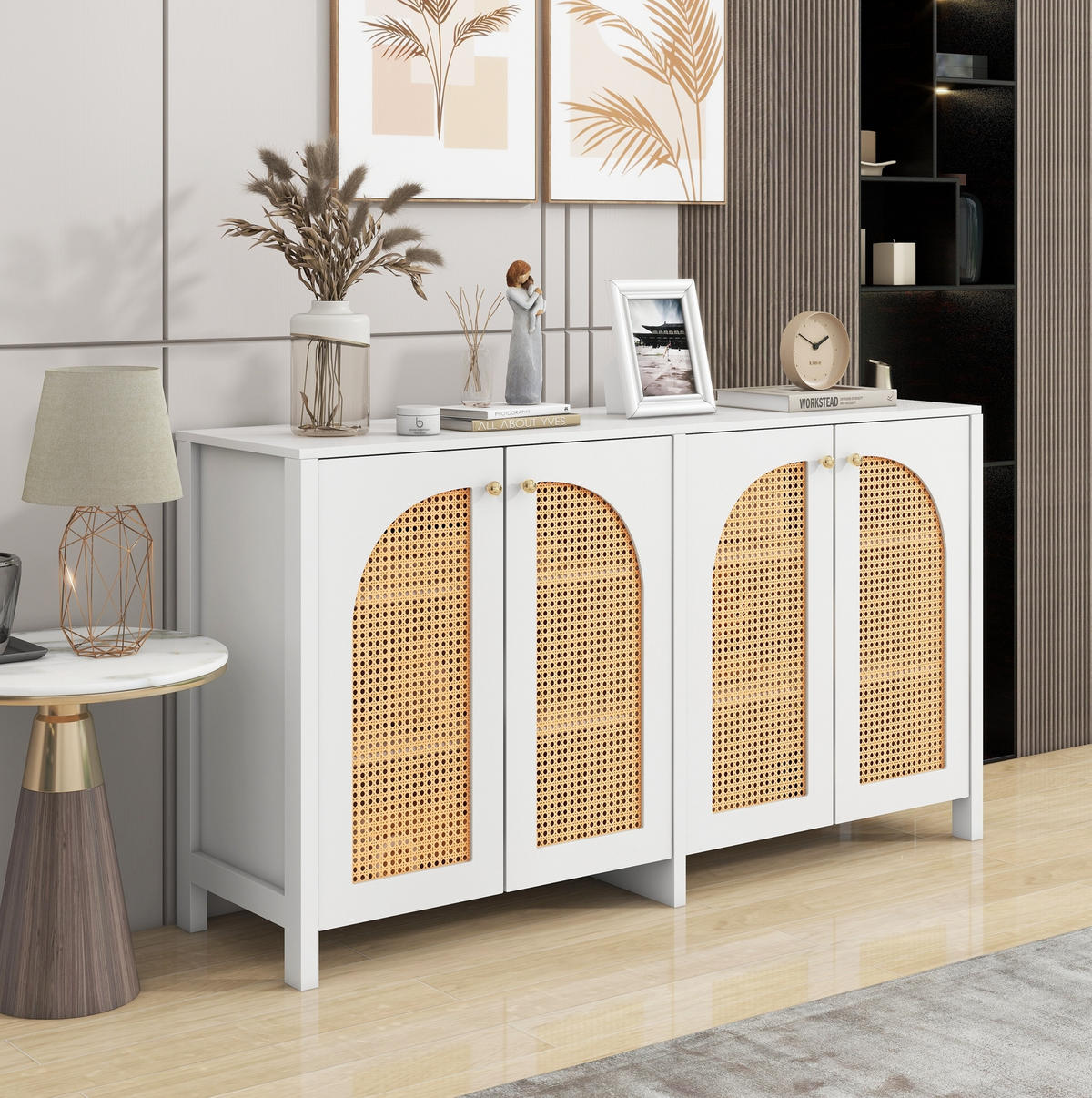 SIDEBOARD 4-türig mit Kunst-Rattan Weiß - Weiß, Holzwerkstoff (145/40/80cm) - Meubliv