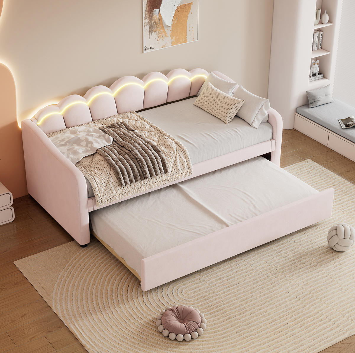 BETT 90/200 cm in Rosa mit Ausziehbett und LED-Kopfteil, inkl. Lattenrost - Rosa, Textil (90/200cm) - BEAOK