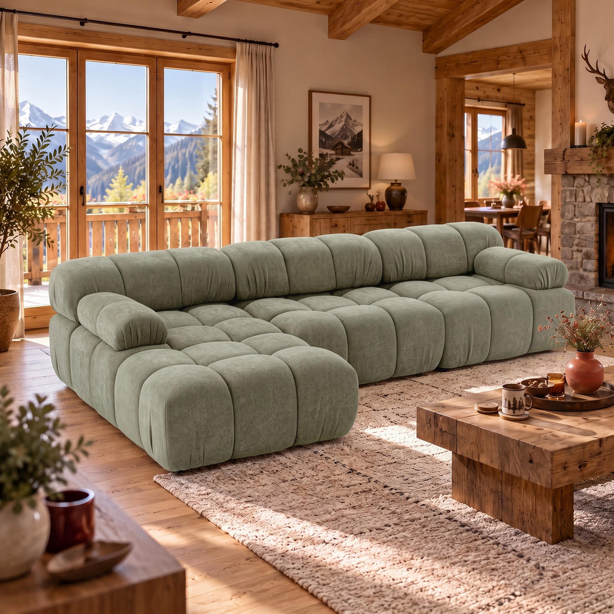 MODULARES Ecksofa MOMENTUM L, Links, Breite 282 cm, strukturierter Stoff, Grün - Chromfarben/Grün, Holz/Textil (282/155cm) - Muffo