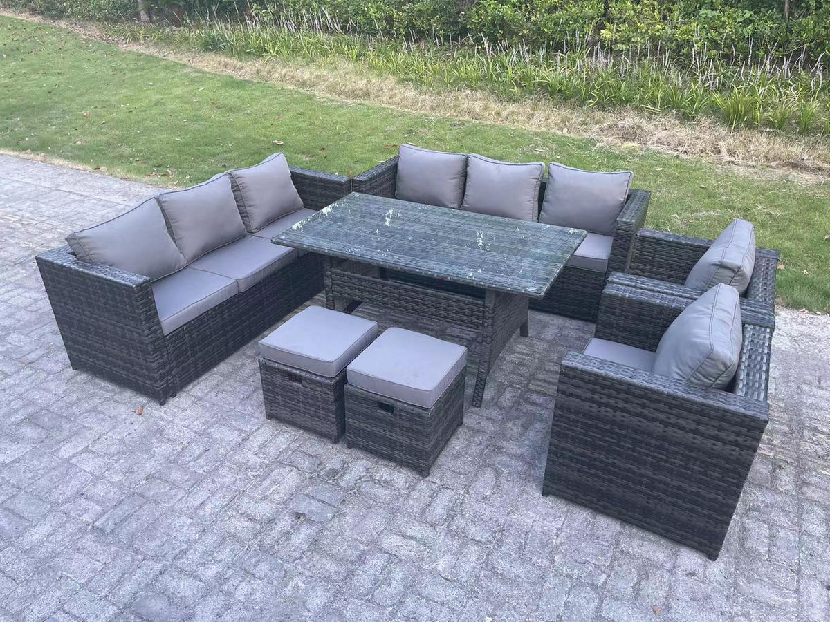 SITZGRUPPE mit Hockern Polyrattan Dunkelgrau 10-Sitzer - Dunkelgrau/Grau, Glas/Kunststoff - Fimous