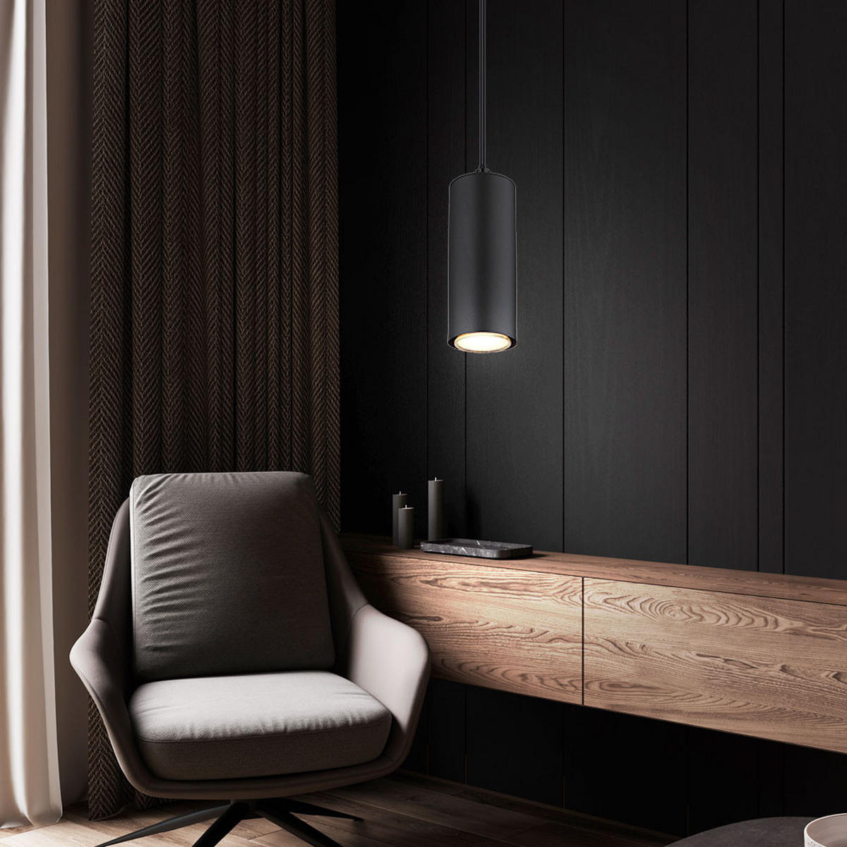 HÄNGELEUCHTE Holzoptik Schwarz Zylinder 2er Set - Schwarz, Metall (9/9/120cm) - Globo Lighting