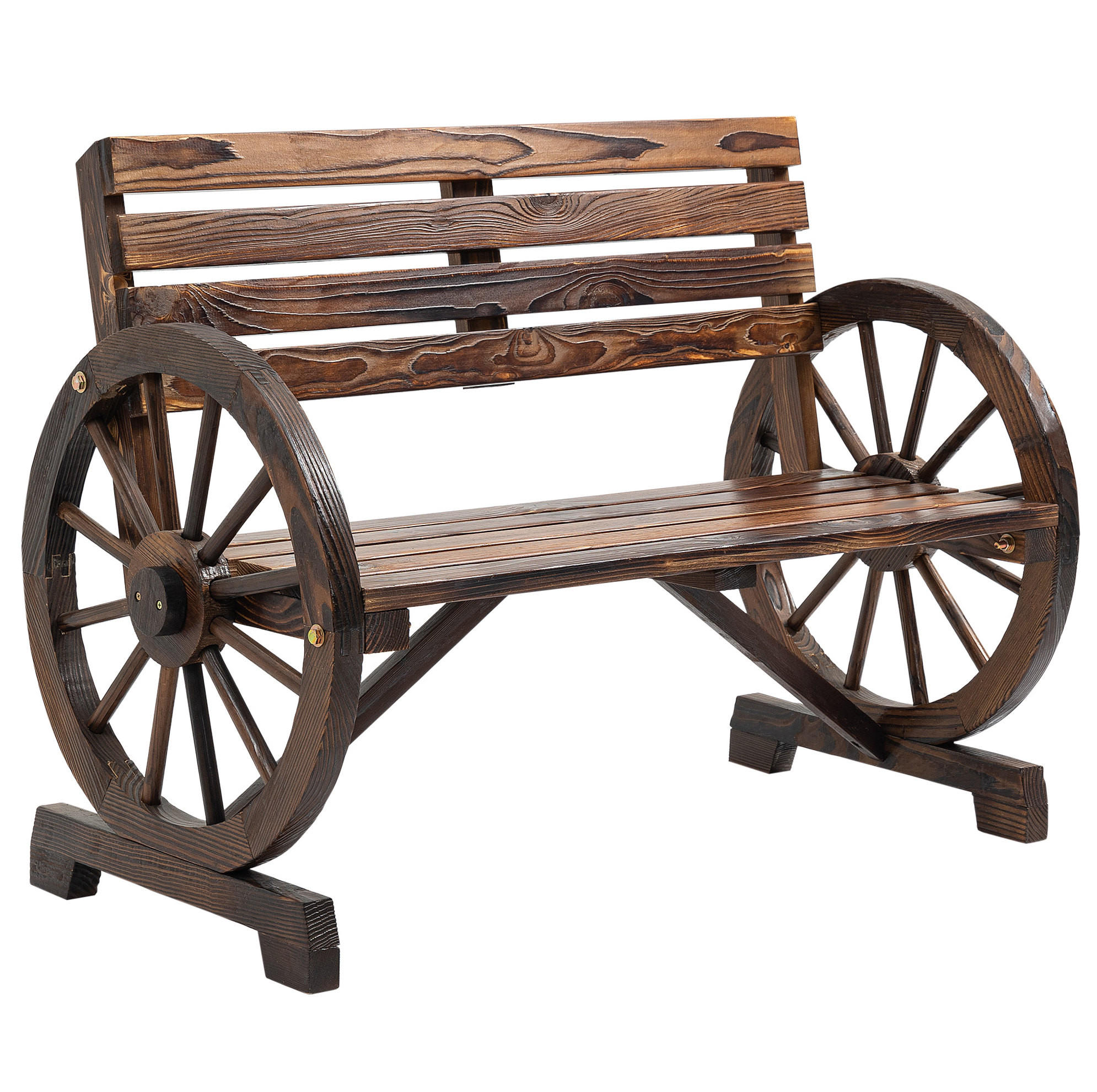 Modfu ZAHRADNÍ lavice z masivního jedlového dřeva 105,5x56x79 cm hnědá s rustikálním designem a opěrkami ve tvaru kola