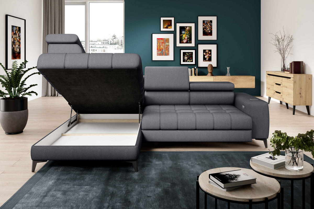 ECKSOFA BAGGIO Letto Stoff, Schlaffunktion, Bettkasten, Sitztiefe, Kopfstützen 280x196cm – Links – Dunkelgrau - Dunkelgrau, Holz/Textil (196/280cm) - DomoHome