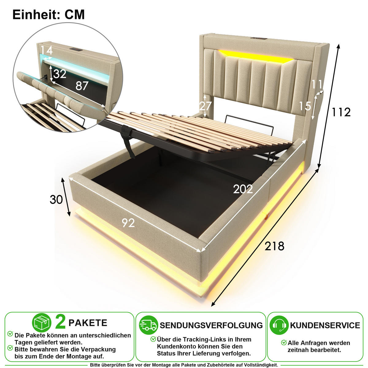 ČALOUNĚNÁ POSTEL 90/200 cm v béžové barvě s úložným prostorem, LED a USB-C - béžová, kov/kompozitní dřevo (90/200cm) - CHICFURN