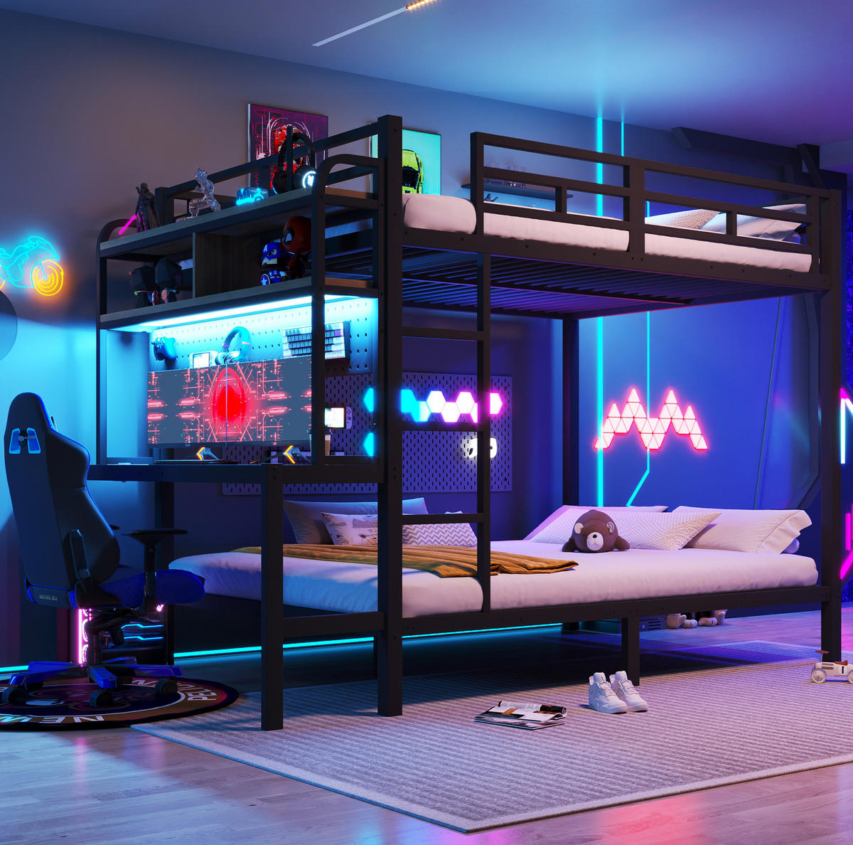 ETAGENBETT 140/200 cm Schwarz mit LED, USB-Anschluss und Schreibtisch - Schwarz, Metall (140/200cm) - MIVRAY