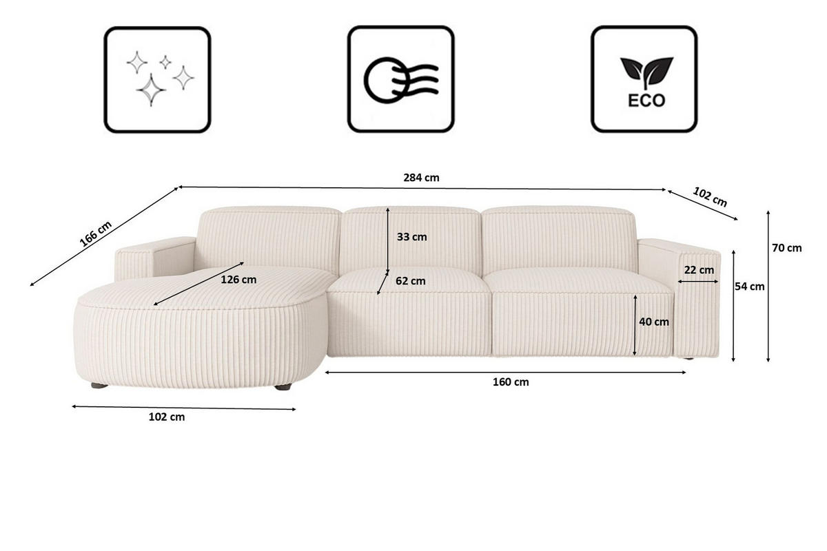 ECKSOFA Cursal Round L-Form, Stoff Poso, Beige, Links - Creme, Holz (284/166cm) - Kaiser Möbel