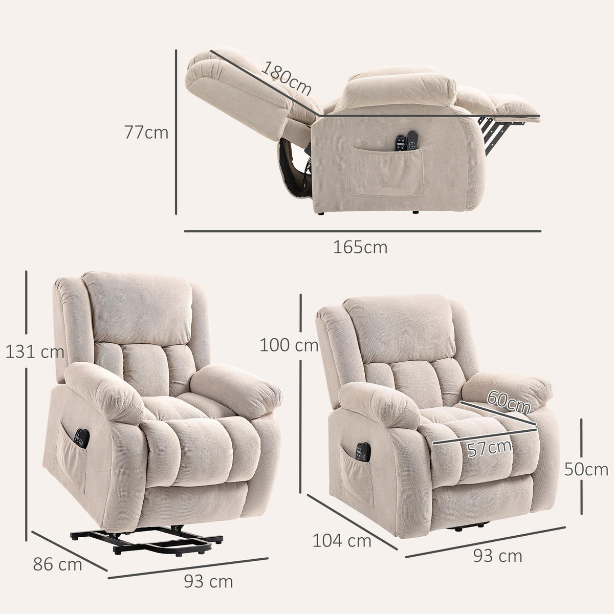 MASSAGESESSEL DE-15434 elektrisch mit Massage, Heizung und Aufstehhilfe - Beige, Metall (104/100/93cm) - ComfortXL