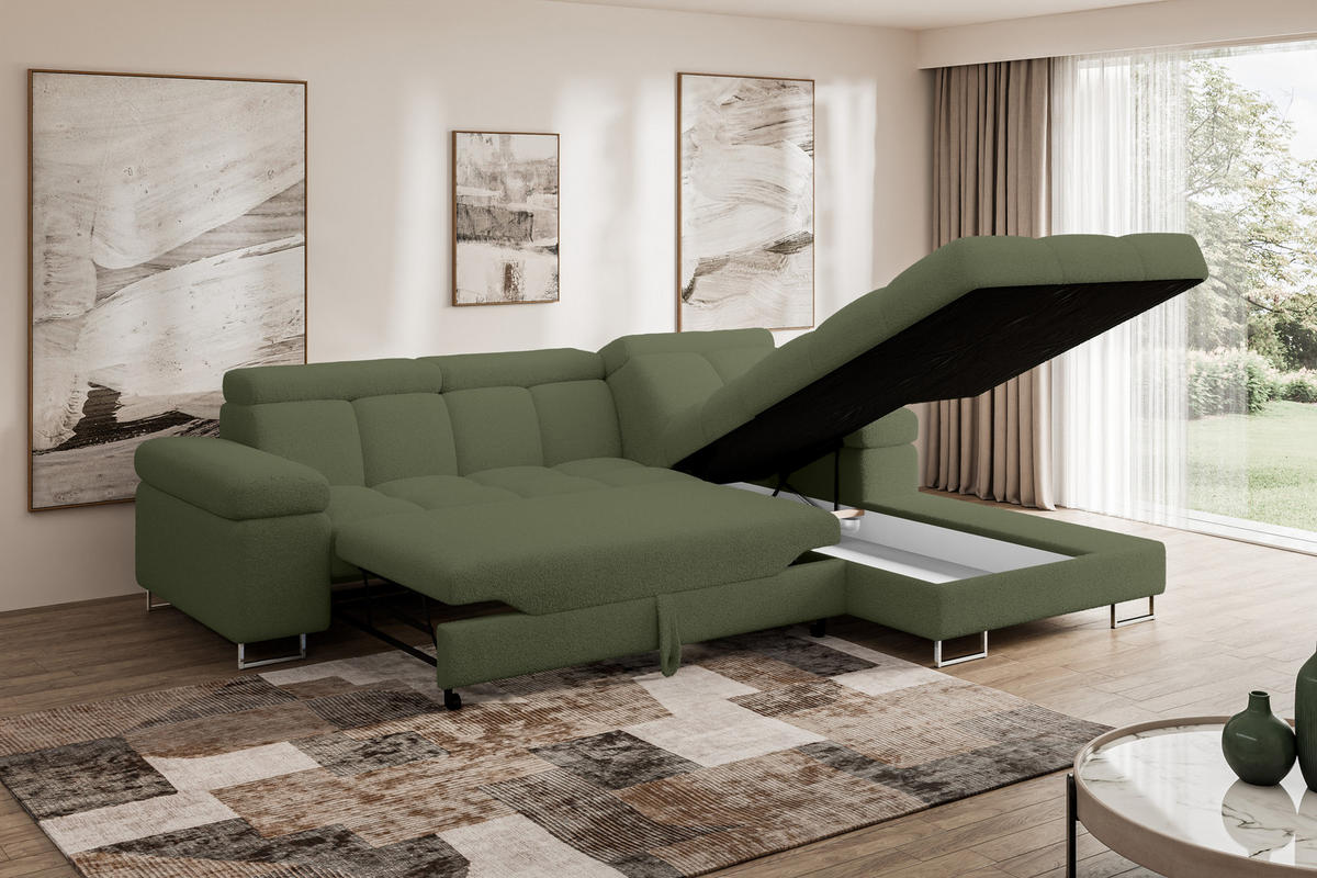 ECKSOFA mit Schlaffunktion Ottomane Rechts COMA L 271x203x79 Grün Bouclé - Smaragdgrün, Holzwerkstoff/Textil (203/271cm) - ALTDECOR
