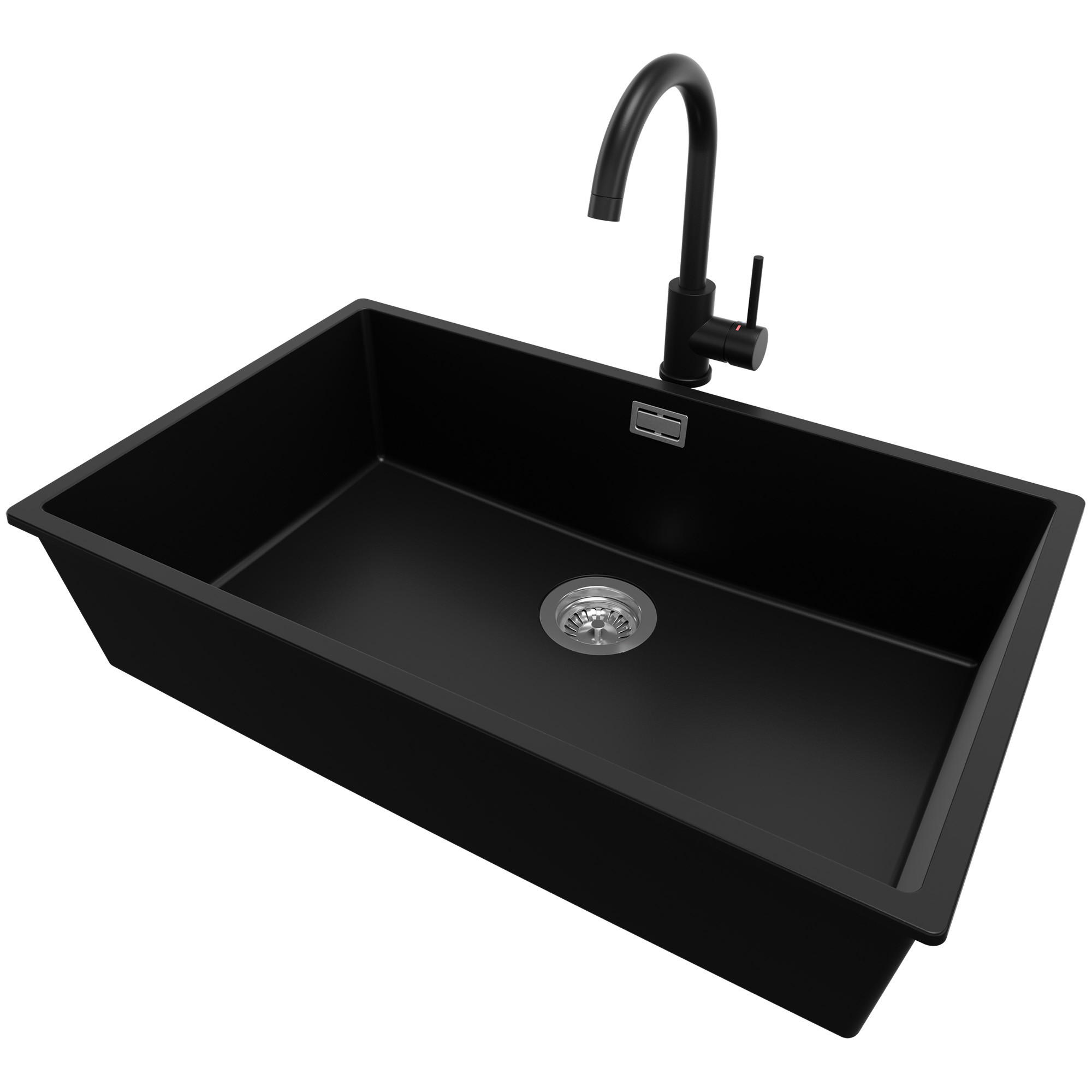 UNTERBAUSPÜLE GRANIT London, 2-er set Schwarz 76/47 cm 1 Becken + Küchenarmatur 32/20 cm + Ablauf-Set ab 80er Unterschrank - Chromfarben/Schwarz, Kunststoff (76/20/47cm) - Primagran