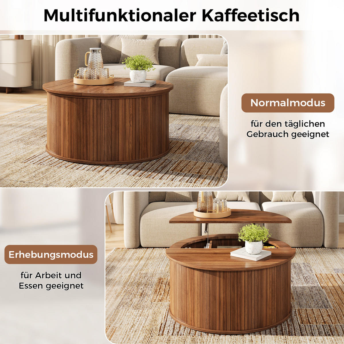 COUCHTISCH rund, MDF, höhenverstellbar mit Stauraum - Walnussfarben, Holzwerkstoff (88/88/53.5cm) - FLIEKS