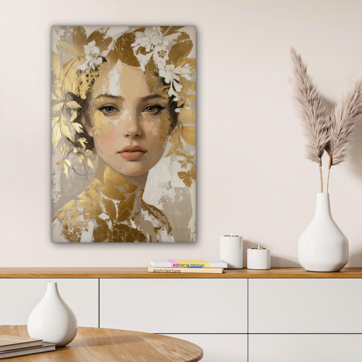 LEINWANDBILD Gesicht - Frau - Blätter - Gold Wanddeko Schlafzimmer 60x90 cm - Beige, Textil (60/90cm) - MuchoWow