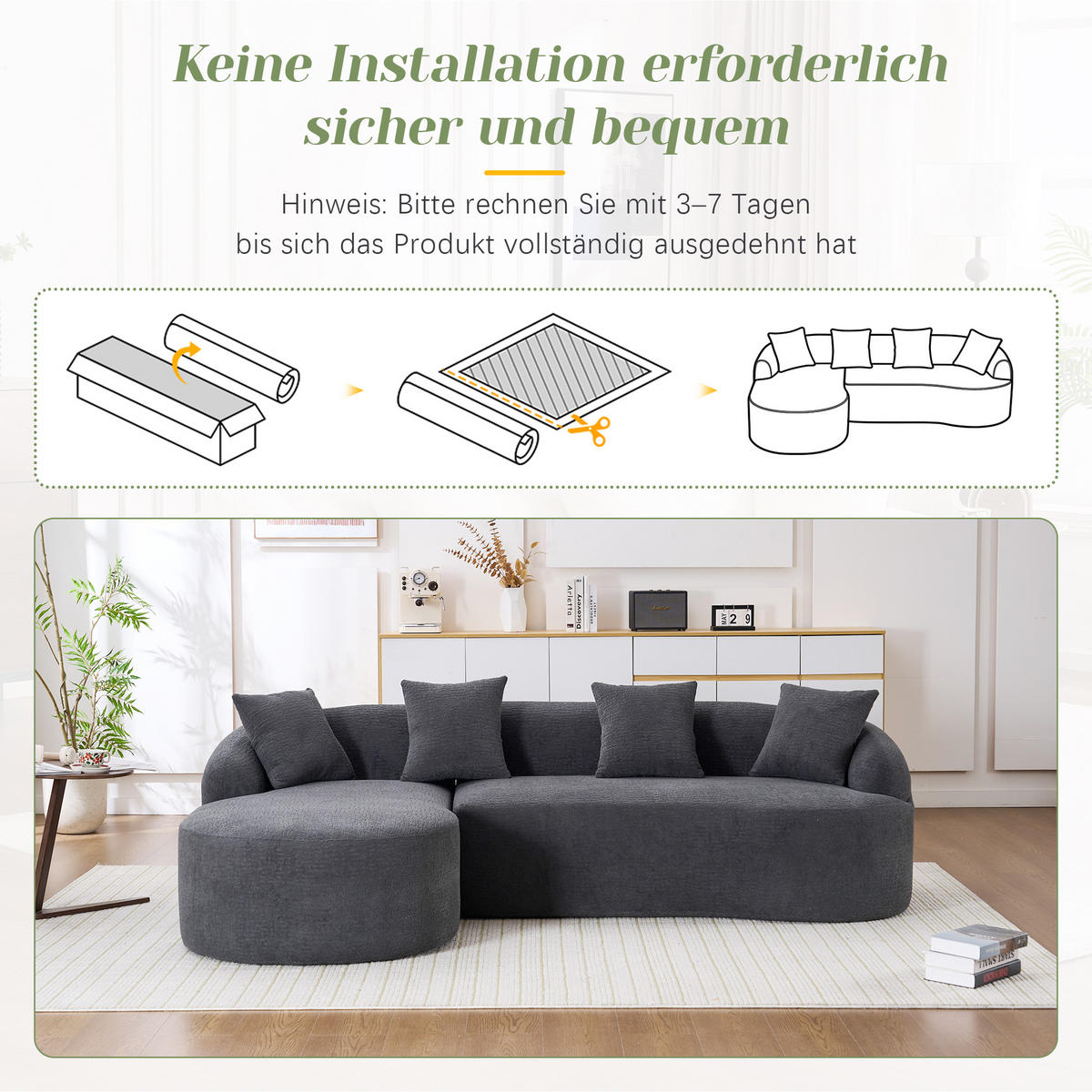 ECKSOFA Chenille Dunkelgrau werkzeugfreie Montage - Dunkelgrau, Textil (243/150cm) - WISHDOR
