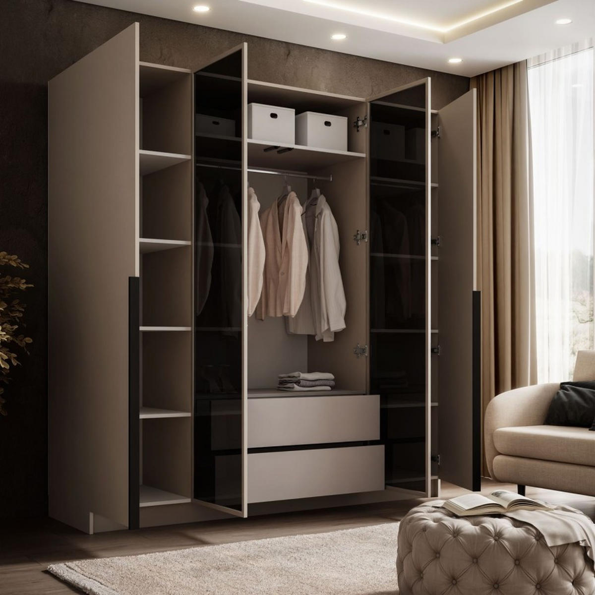 VIERTÜRIGER Schrank ATRIUM II mit Glasfront - Kaschmir, Holzwerkstoff (200/210/57cm) - Lookway