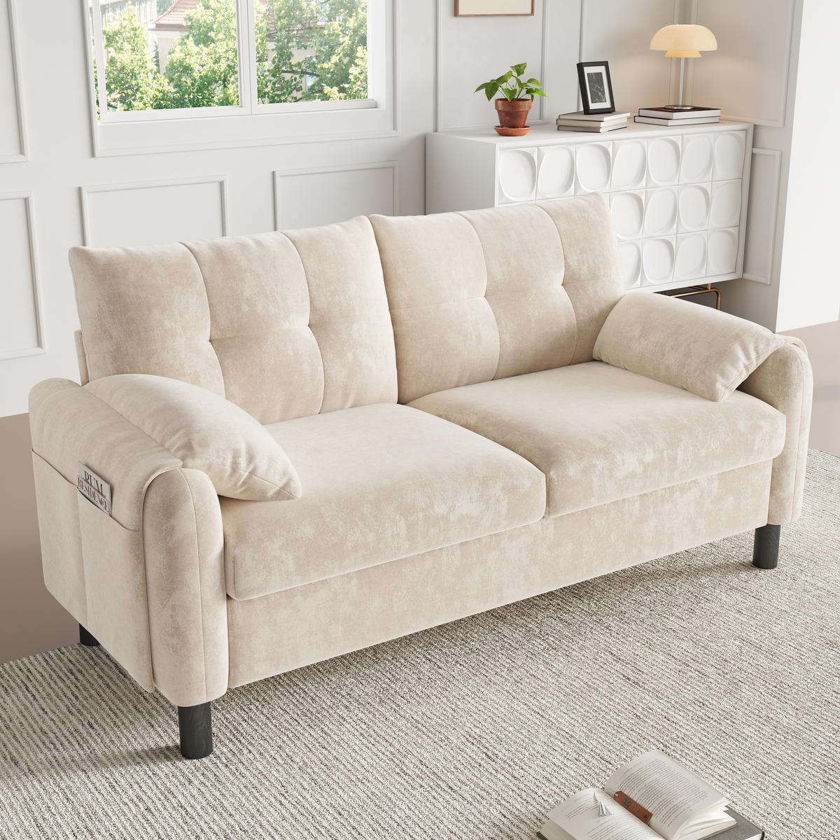 2-SITZER SOFA Chenille Beige mit Seitentaschen - Beige, Holzwerkstoff/Kunststoff (158/88.5/80cm) - WISHDOR