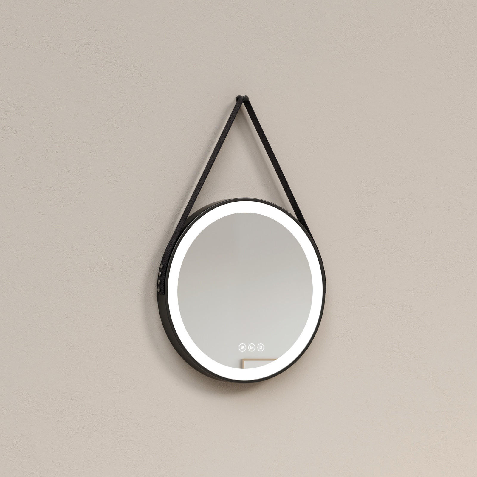 BADSPIEGEL Rund mit Touch-Schalter Beleuchtung mit Hängeriemen Schwarz ф50 cm - Schwarz, Glas (50/3.5/50cm) - EMKE