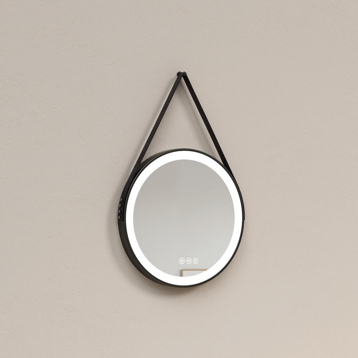 BADSPIEGEL Rund mit Touch-Schalter Beleuchtung mit Hängeriemen Schwarz ф50 cm - Schwarz, Glas (50/3.5/50cm) - EMKE